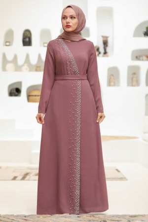 Tesettürlü Abiye Elbise - Robe de soirée Hijab rose séchée 32150GK - 1