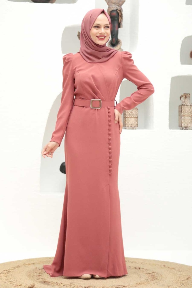 Tesettürlü Abiye Elbise - Robe de soirée hijab rose séchée 3231GK - 1