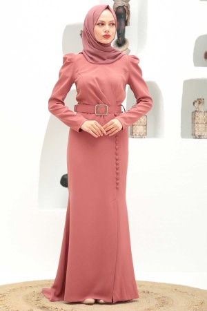 Tesettürlü Abiye Elbise - Robe de soirée hijab rose séchée 3231GK - 2