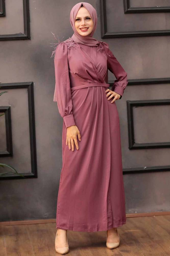 Tesettürlü Abiye Elbise -Robe de soirée hijab rose séchée 4199GK - 1