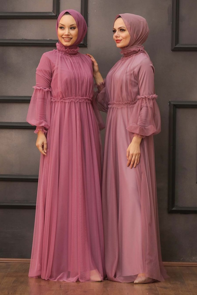 Tesettürlü Abiye Elbise -Robe de Soirée Hijab Rose Séchée 5474GK - 2