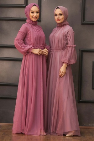 Tesettürlü Abiye Elbise -Robe de Soirée Hijab Rose Séchée 5474GK - 3
