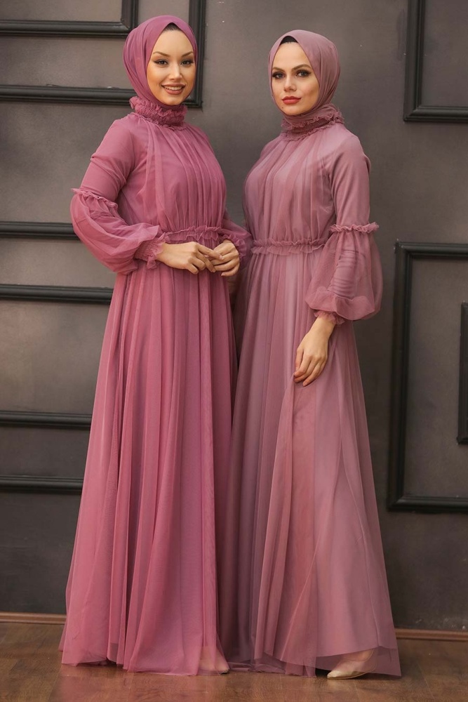 Tesettürlü Abiye Elbise -Robe de Soirée Hijab Rose Séchée 5474GK - 3