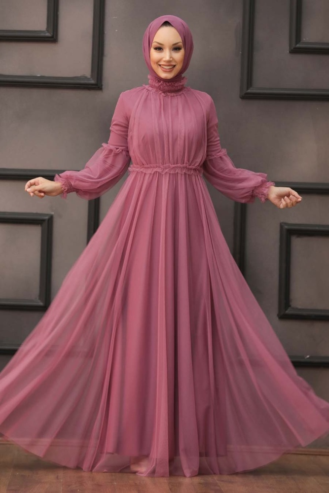 Tesettürlü Abiye Elbise -Robe de Soirée Hijab Rose Séchée 5474GK - 1