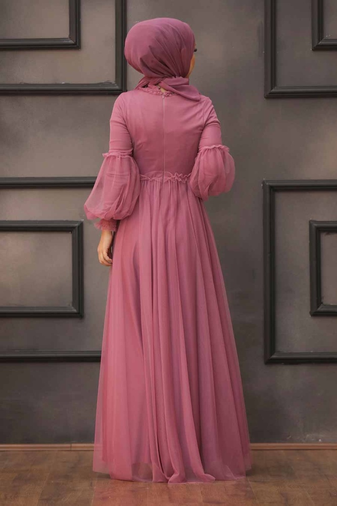 Tesettürlü Abiye Elbise -Robe de Soirée Hijab Rose Séchée 5474GK - 4