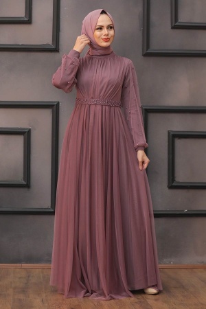 Tesettürlü Abiye Elbise - Robe de Soirée Hijab Rose Séchée 5514GK - 1