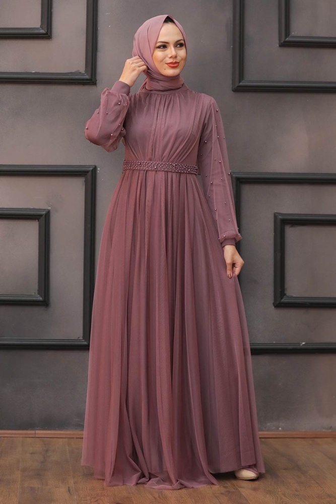 Tesettürlü Abiye Elbise - Robe de Soirée Hijab Rose Séchée 5514GK - 1