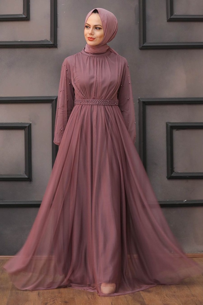Tesettürlü Abiye Elbise - Robe de Soirée Hijab Rose Séchée 5514GK - 2