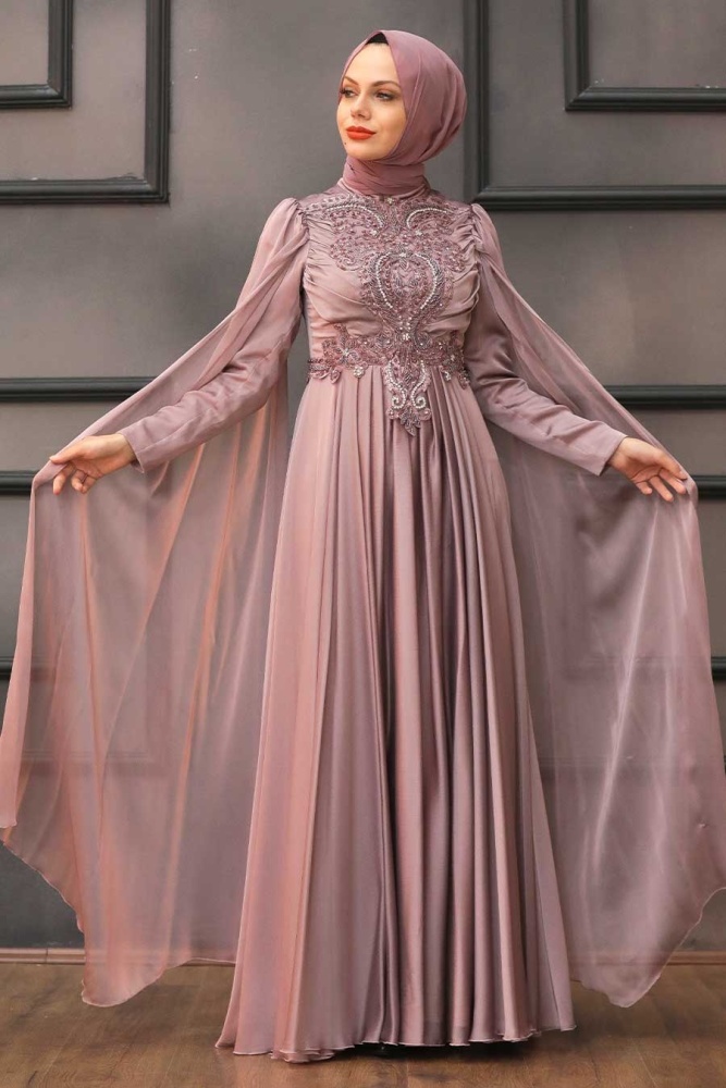 Tesettürlü Abiye Elbise - Robe de soirée hijab rose séchée avec cape 22001GK - 1