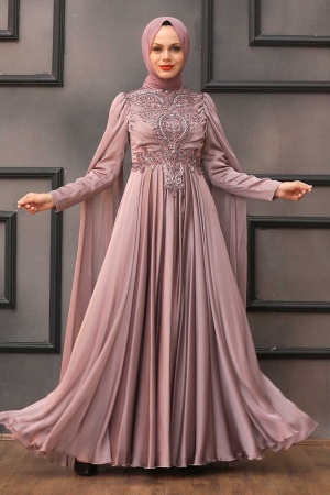 Tesettürlü Abiye Elbise - Robe de soirée hijab rose séchée avec cape 22001GK - 2