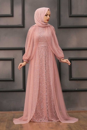 Tesettürlü Abiye Elbise - Robe de soirée hijab rose séchée avec cape 55190GK - 3