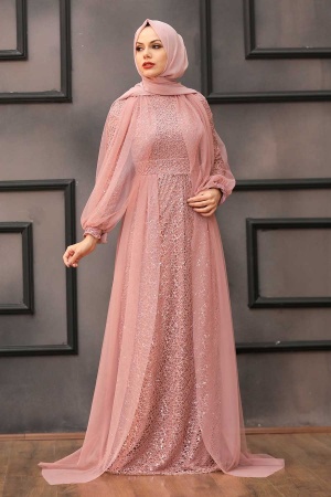 Tesettürlü Abiye Elbise - Robe de soirée hijab rose séchée avec cape 55190GK - 4