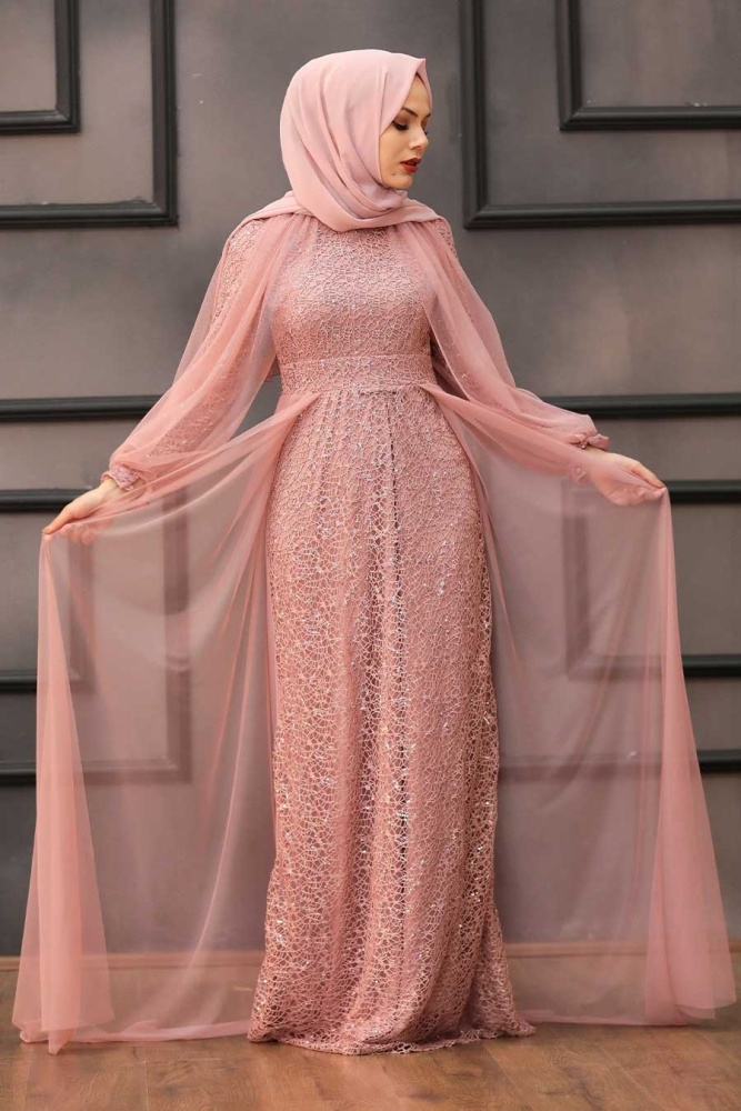 Tesettürlü Abiye Elbise - Robe de soirée hijab rose séchée avec cape 55190GK - 5