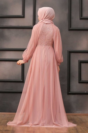 Tesettürlü Abiye Elbise - Robe de soirée hijab rose séchée avec cape 55190GK - 6