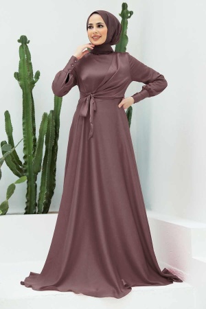 Tesettürlü Abiye Elbise - Robe de Soirée Hijab Rose Séchée Légère 1420AGK - 1