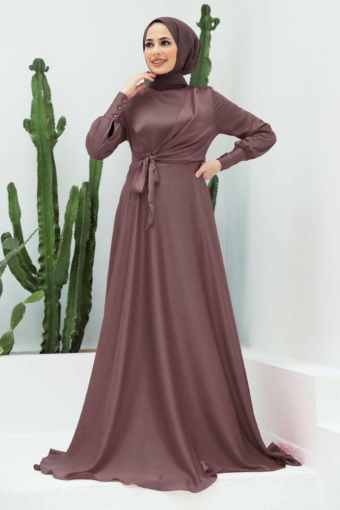 Tesettürlü Abiye Elbise - Robe de Soirée Hijab Rose Séchée Légère 1420AGK - 1