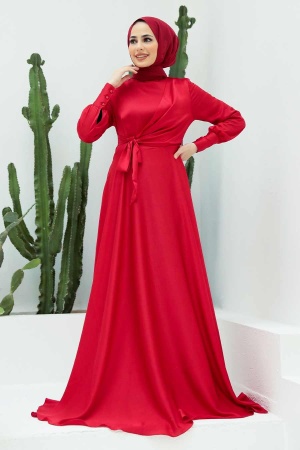 Tesettürlü Abiye Elbise - Robe de soirée hijab rouge 1420K - 1