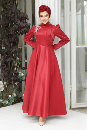 Tesettürlü Abiye Elbise - Robe de soirée Hijab rouge 22301K - 2