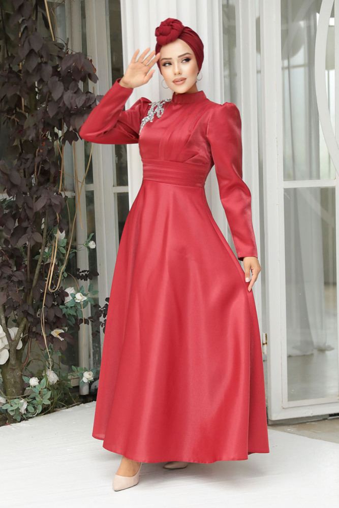 Tesettürlü Abiye Elbise - Robe de soirée Hijab rouge 22301K - 3