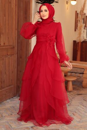 Tesettürlü Abiye Elbise - Robe de soirée hijab rouge 22480K - 1