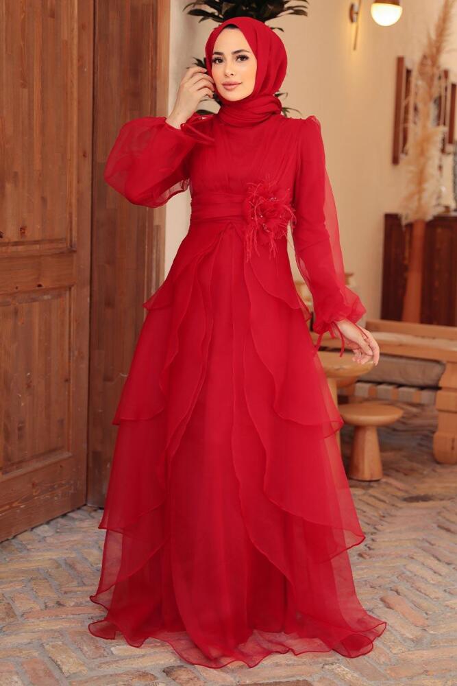Tesettürlü Abiye Elbise - Robe de soirée hijab rouge 22480K - 1