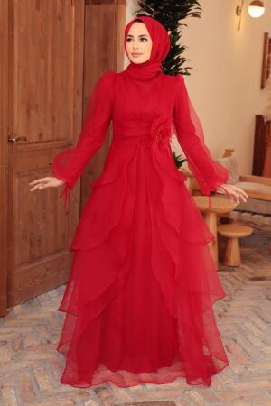 Tesettürlü Abiye Elbise - Robe de soirée hijab rouge 22480K - 2