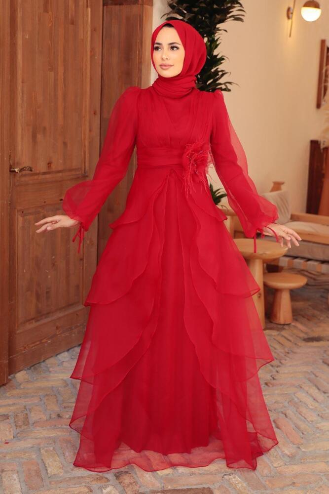 Tesettürlü Abiye Elbise - Robe de soirée hijab rouge 22480K - 2