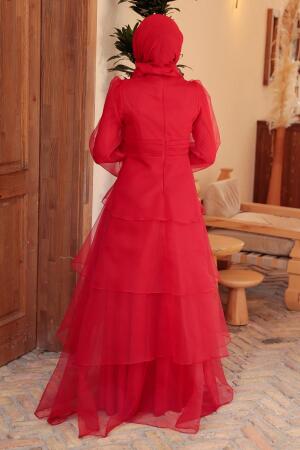Tesettürlü Abiye Elbise - Robe de soirée hijab rouge 22480K - 3