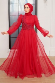 Tesettürlü Abiye Elbise - Robe de soirée hijab rouge 22540K - Thumbnail