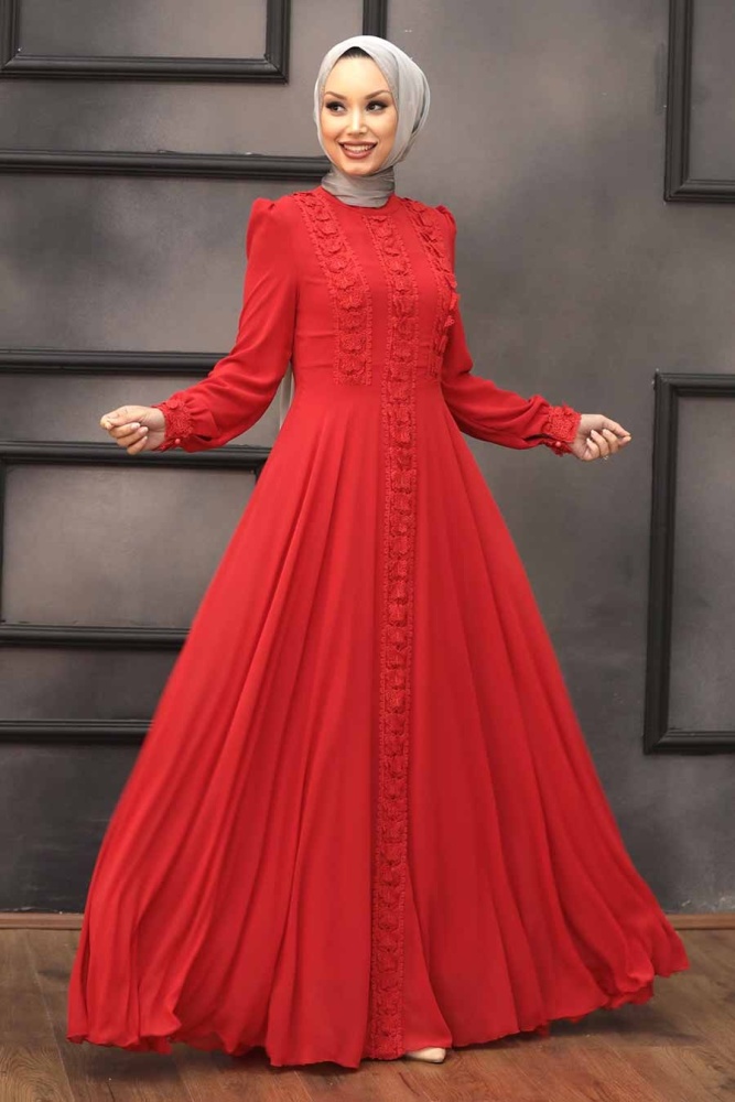 Tesettürlü Abiye Elbise - Robe de soirée hijab rouge 2705K - 1