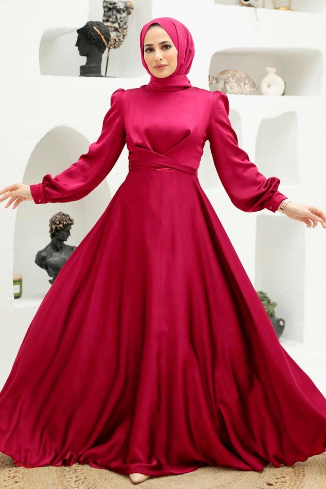 Tesettürlü Abiye Elbise - Robe de soirée hijab rouge 3064K - 1