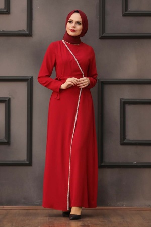 Tesettürlü Abiye Elbise -Robe de Soirée Hijab Rouge 40581K - 1