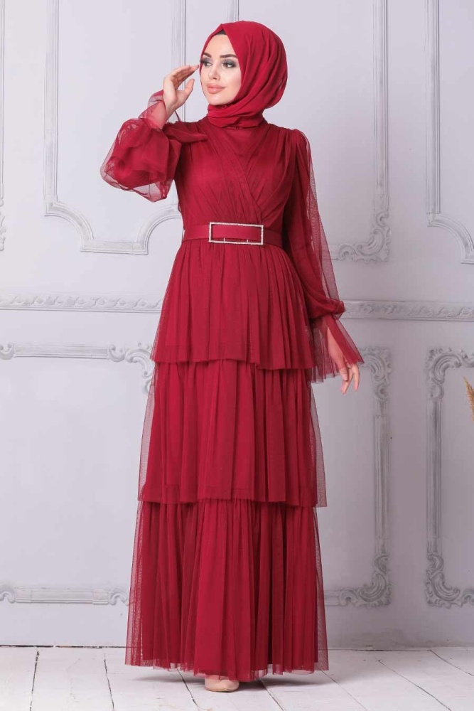 Tesettürlü Abiye Elbise - Robe de soirée Hijab rouge bordeaux 21320BR - 1