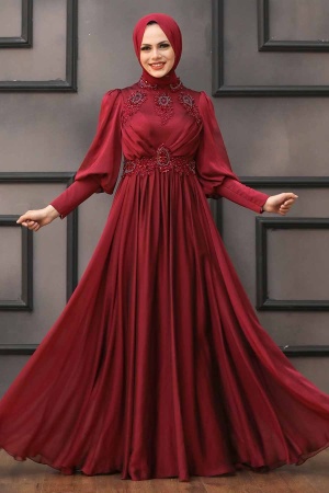 Tesettürlü Abiye Elbise - Robe de soirée Hijab rouge bordeaux 22101BR - 1