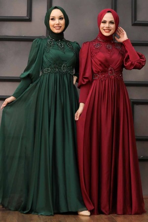 Tesettürlü Abiye Elbise - Robe de soirée Hijab rouge bordeaux 22101BR - 2