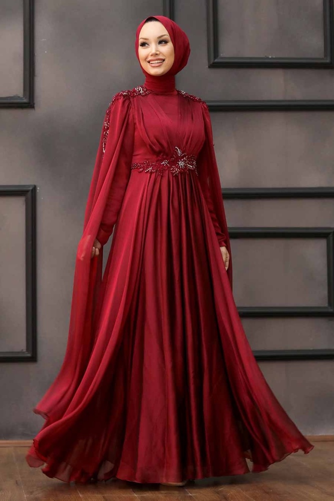 Tesettürlü Abiye Elbise - Robe de soirée Hijab rouge bordeaux 22130BR - 1