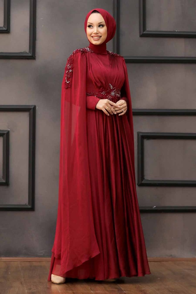 Tesettürlü Abiye Elbise - Robe de soirée Hijab rouge bordeaux 22130BR - 2