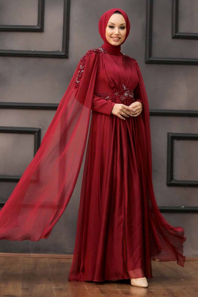 Tesettürlü Abiye Elbise - Robe de soirée Hijab rouge bordeaux 22130BR - 3