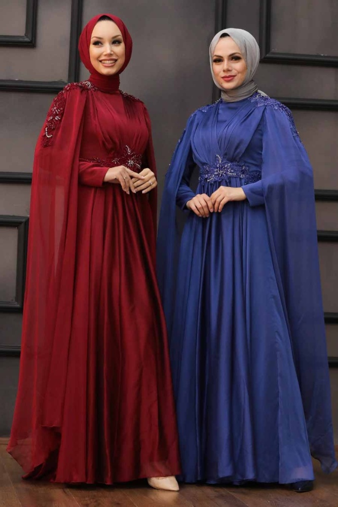 Tesettürlü Abiye Elbise - Robe de soirée Hijab rouge bordeaux 22130BR - 4