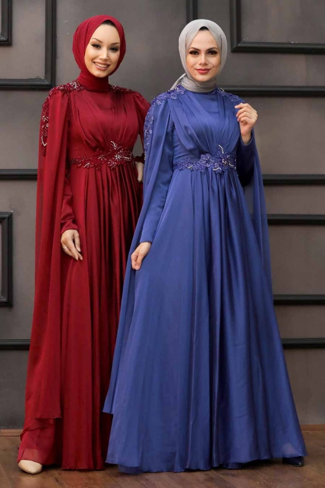 Tesettürlü Abiye Elbise - Robe de soirée Hijab rouge bordeaux 22130BR - 5