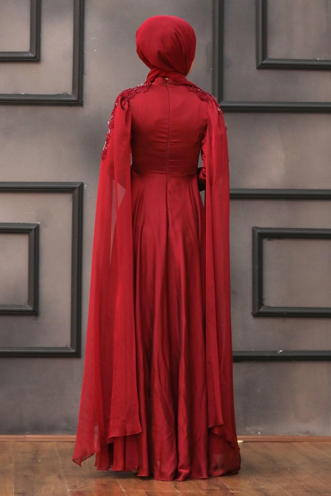 Tesettürlü Abiye Elbise - Robe de soirée Hijab rouge bordeaux 22130BR - 6