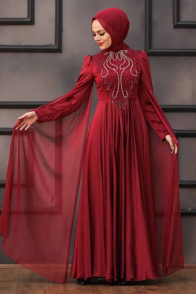 Tesettürlü Abiye Elbise - Robe de soirée Hijab rouge bordeaux 22140BR - 2