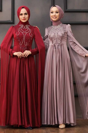 Tesettürlü Abiye Elbise - Robe de soirée Hijab rouge bordeaux 22140BR - 4