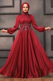 Tesettürlü Abiye Elbise - Robe de soirée Hijab rouge bordeaux 22150BR - Thumbnail