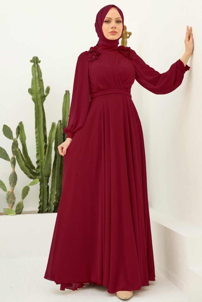 Tesettürlü Abiye Elbise - Robe de soirée Hijab rouge bordeaux 22232BR - 1