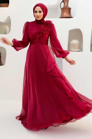 Tesettürlü Abiye Elbise - Robe de Soirée Hijab Rouge Bordeaux 22321BR - 1