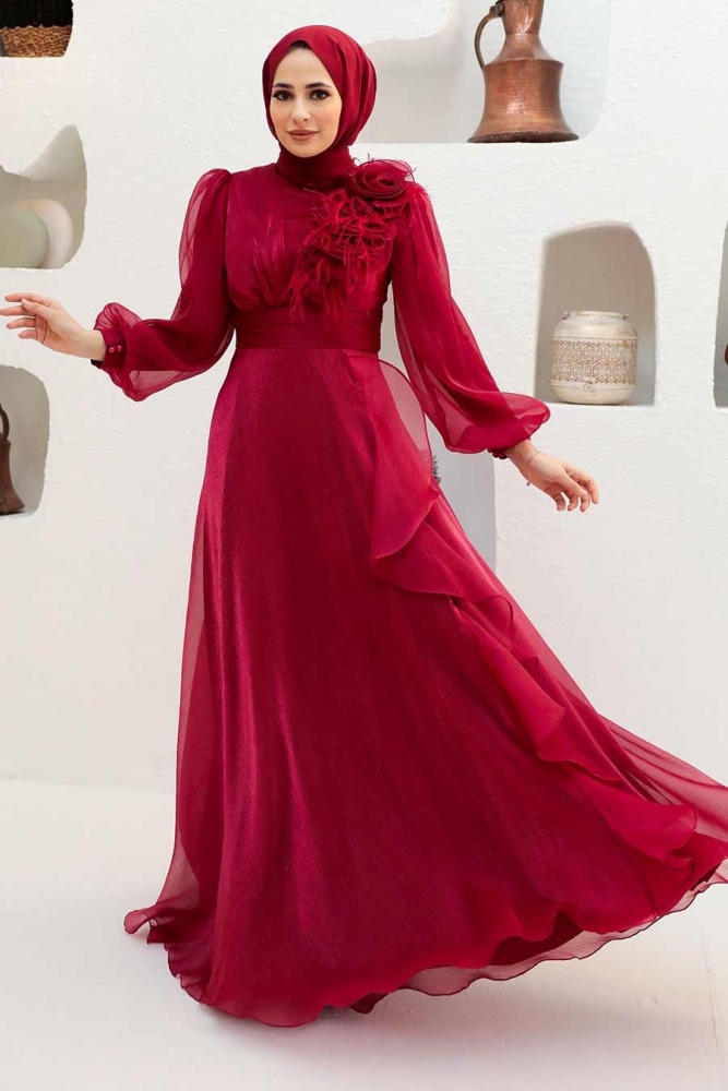 Tesettürlü Abiye Elbise - Robe de Soirée Hijab Rouge Bordeaux 22321BR - 1
