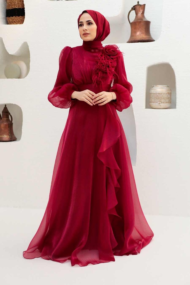 Tesettürlü Abiye Elbise - Robe de Soirée Hijab Rouge Bordeaux 22321BR - 2