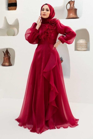 Tesettürlü Abiye Elbise - Robe de Soirée Hijab Rouge Bordeaux 22321BR - 3