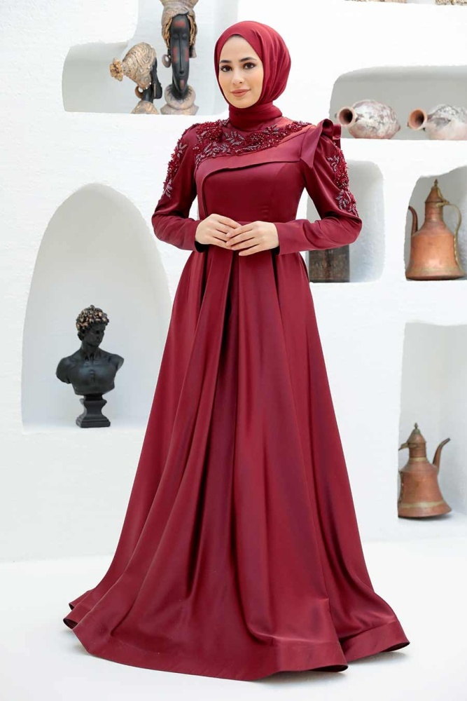 Tesettürlü Abiye Elbise - Robe de Soirée Hijab Rouge Bordeaux 22351BR - 1